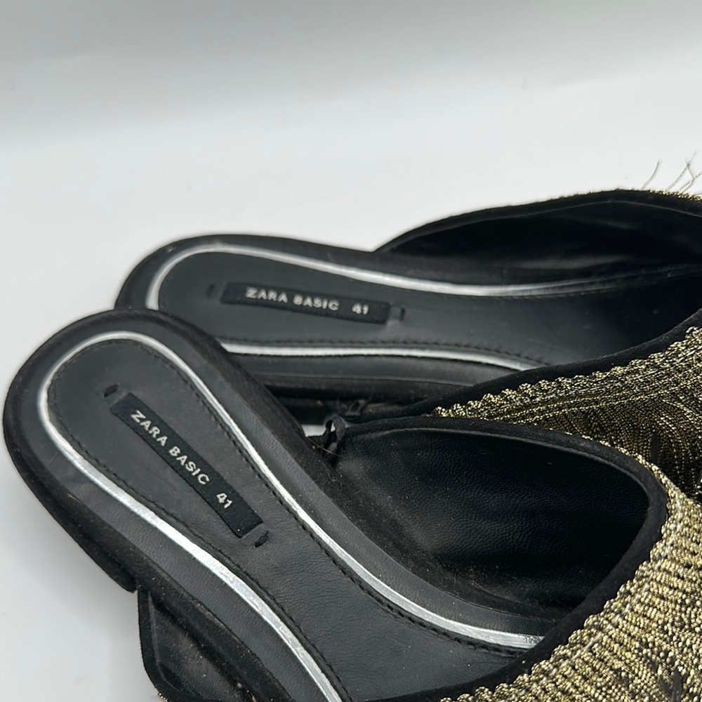 Zara Sz 11 Black Gold Metallic Fringe Mules with Distinctive Design - Picture 4 of 7